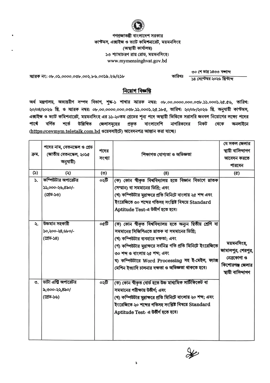 নিয়োগ বিজ্ঞপ্তি, পৃষ্ঠা 1