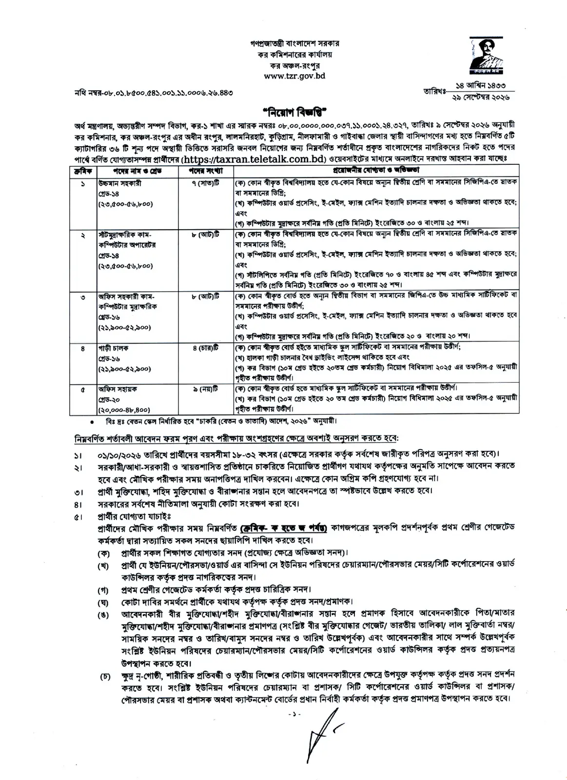 নিয়োগ বিজ্ঞপ্তি, পৃষ্ঠা 1